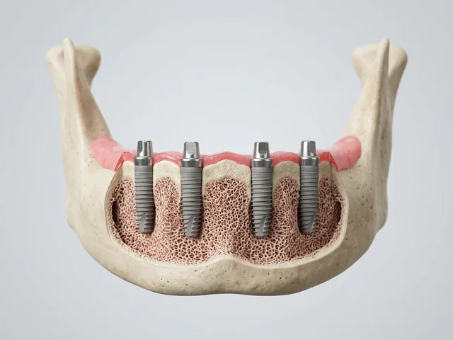 Four implant posts placed at angles in the jaw