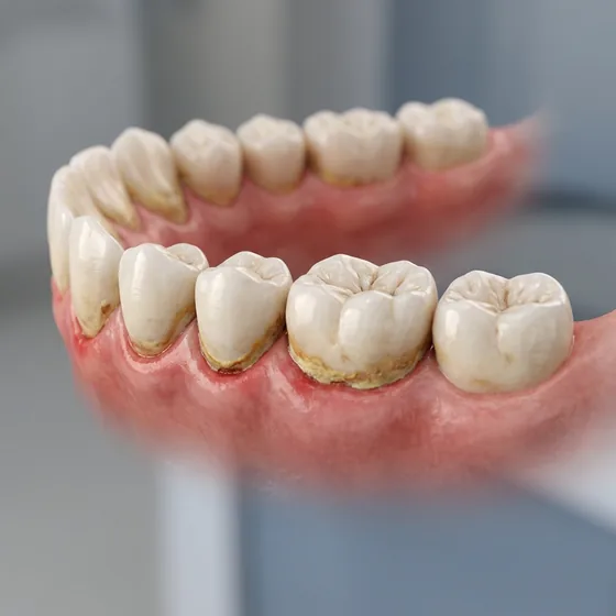Teeth with yellow tartar buildup along the gumline