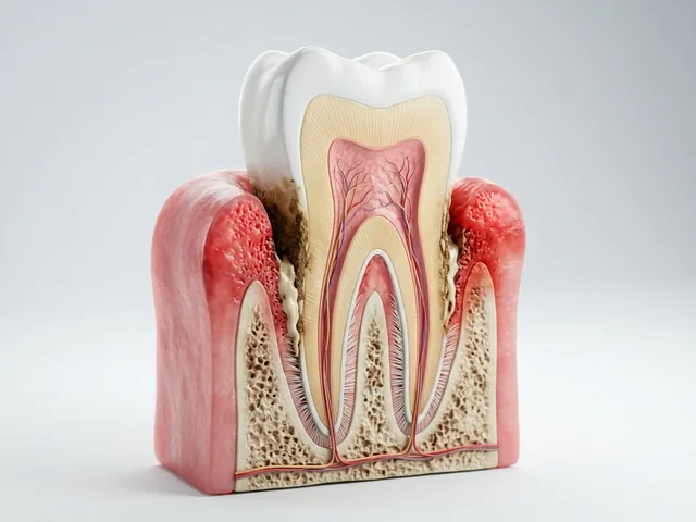 Tartar trapped in a deep gum pocket below the gumline