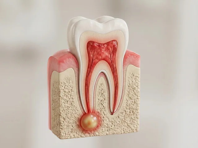 Cross-section of a tooth with infected pulp inside the canals