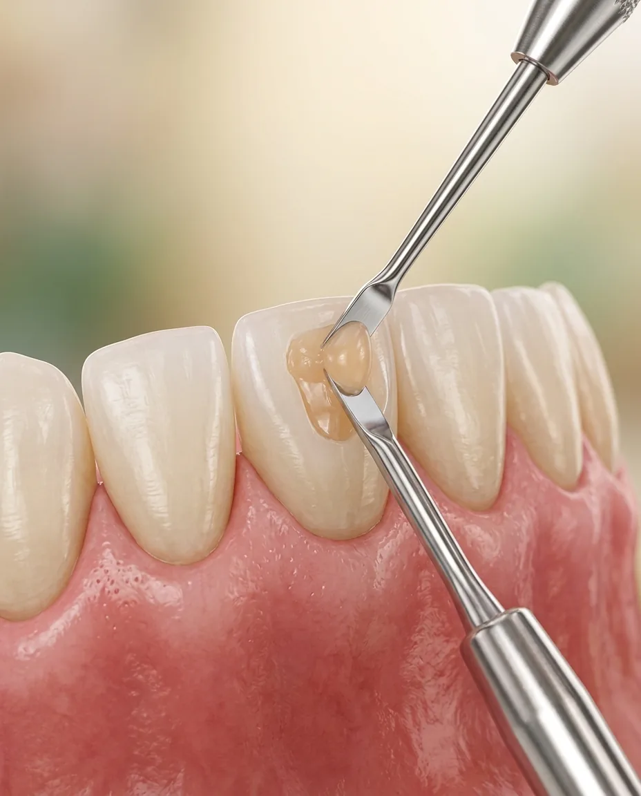 A front tooth being repaired with tooth-colored bonding
