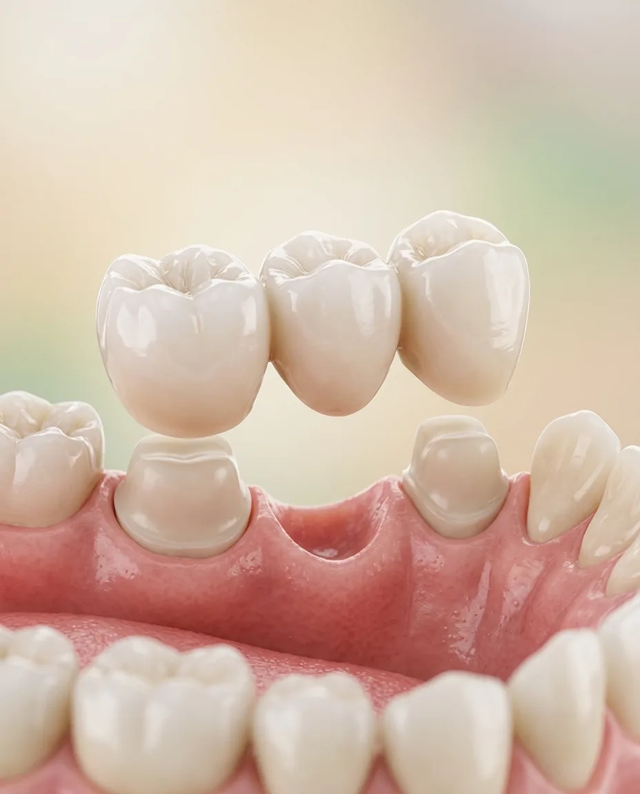 A three-unit porcelain dental bridge being placed across a gap