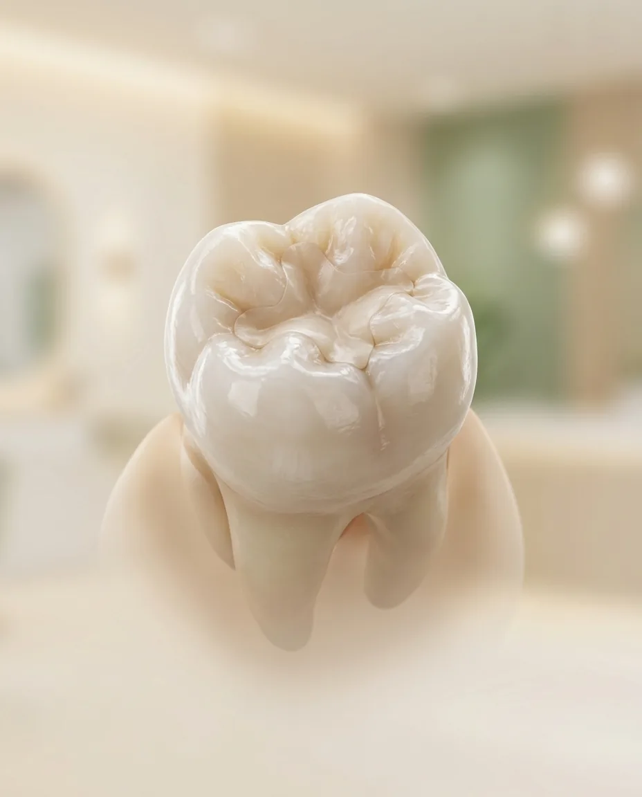 A molar restored with a natural tooth-colored filling