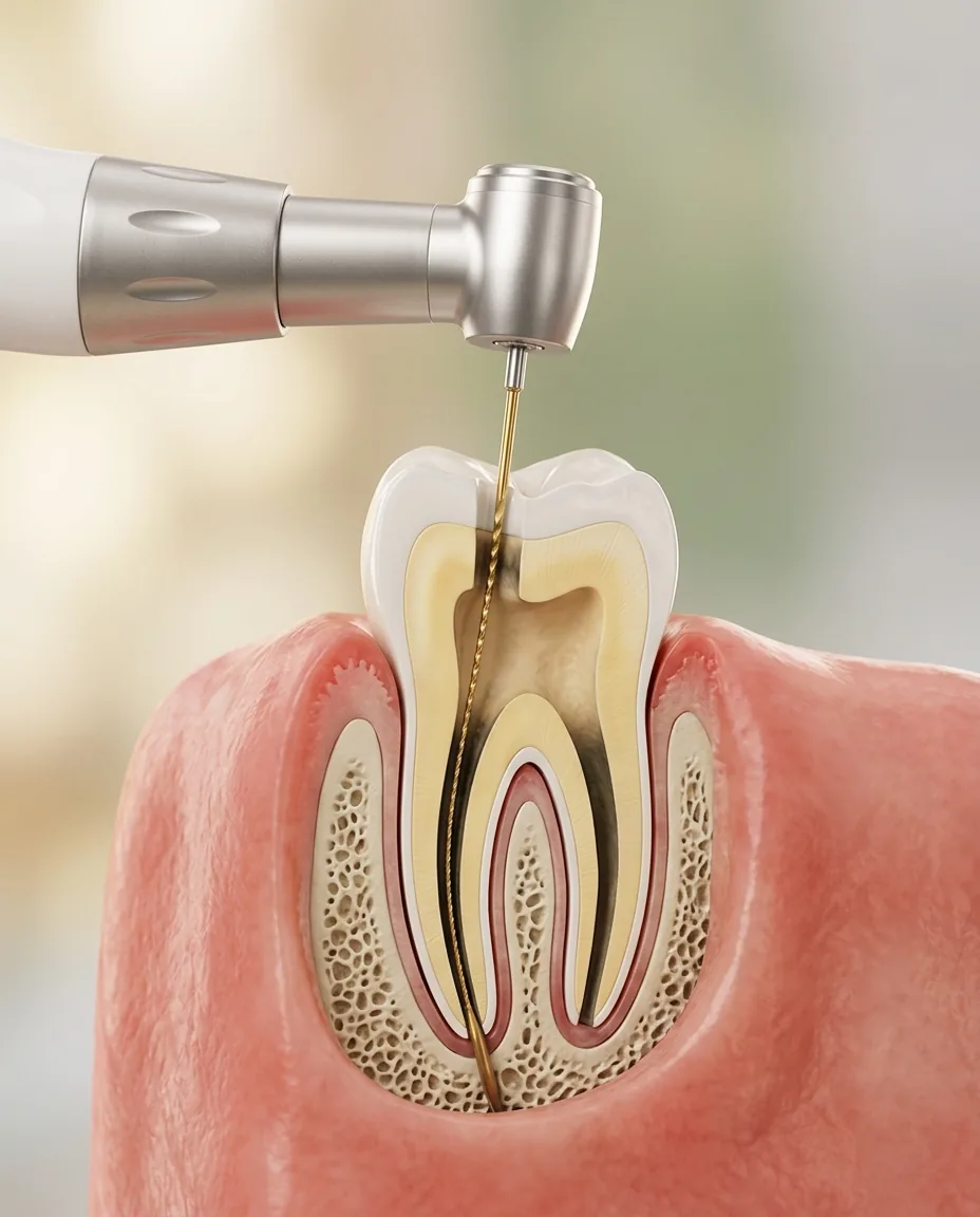 3D render of a root canal: a fine file cleaning the canal of a molar
