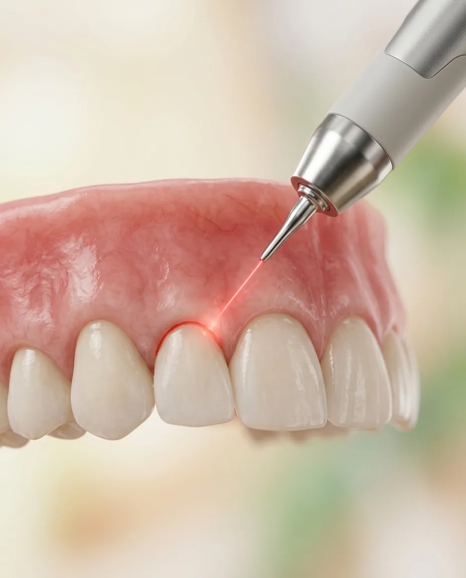 Un láser dental remodelando suavemente la línea de las encías