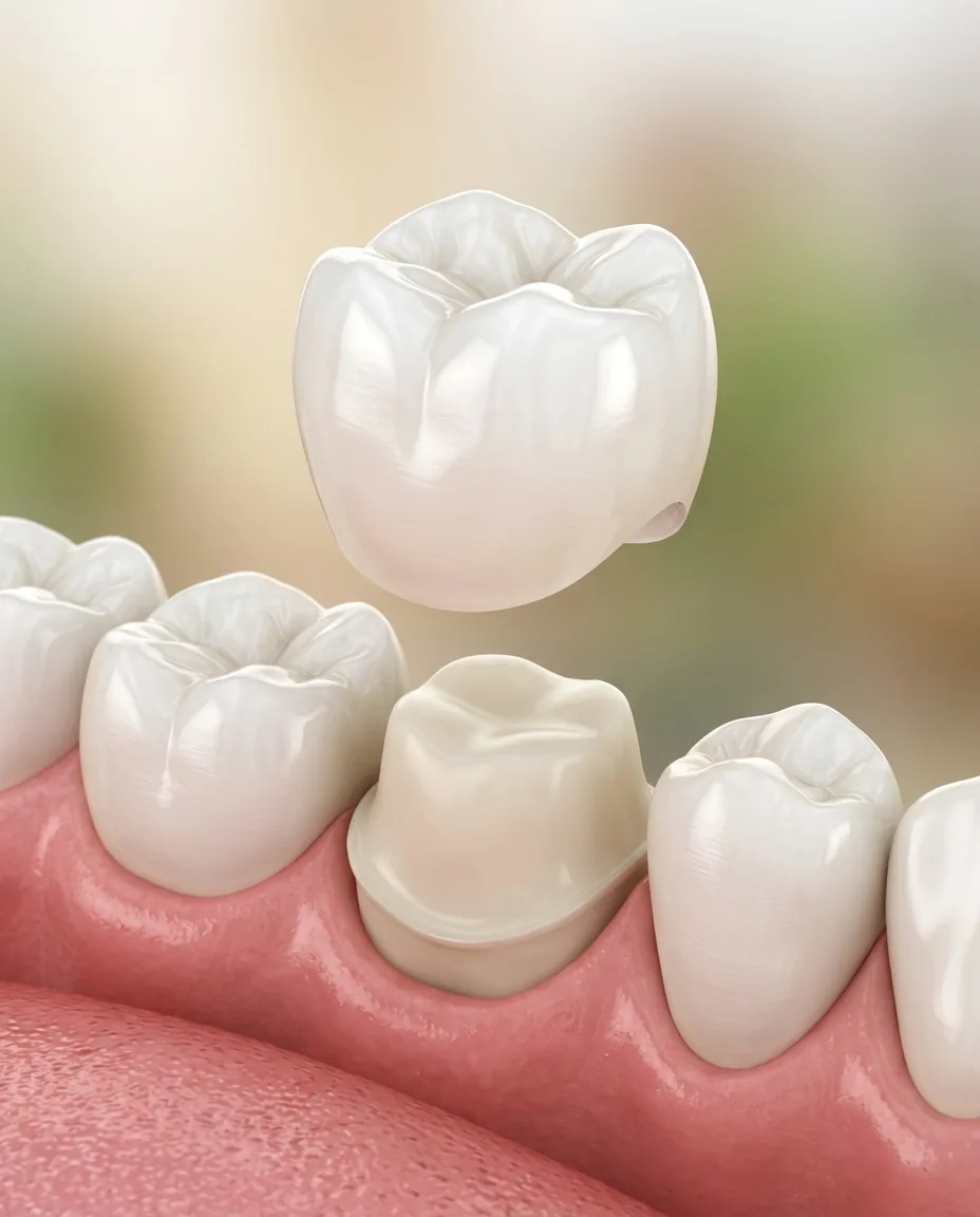 Corona dental de porcelana blanca colocándose sobre un diente preparado