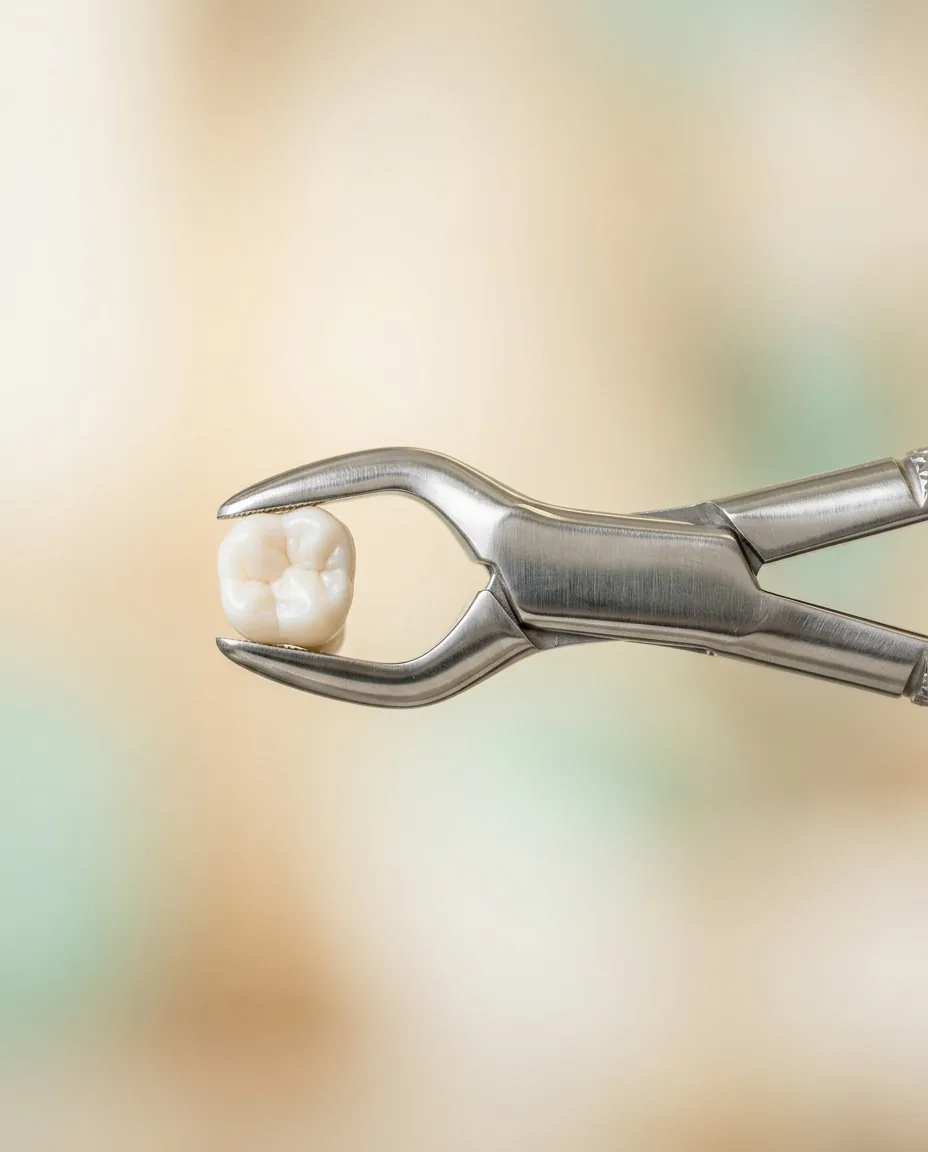 Fórceps dentales sosteniendo un diente extraído