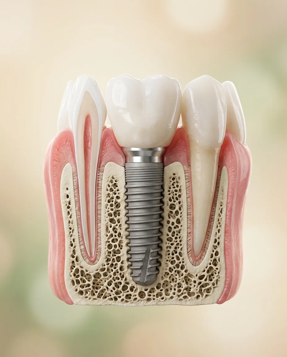 Corte transversal de un implante dental: poste de titanio, pilar y corona