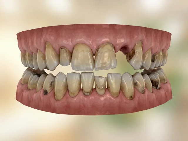 Sonrisa desgastada, con caries y deteriorada antes del tratamiento