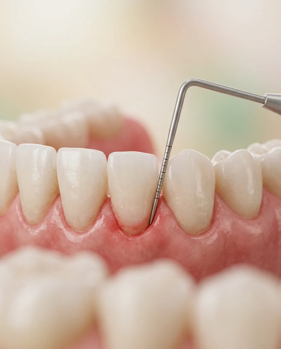Una sonda periodontal revisando la línea de la encía en busca de enfermedad de las encías